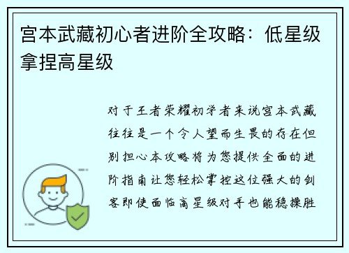 宫本武藏初心者进阶全攻略:低星级拿捏高星级